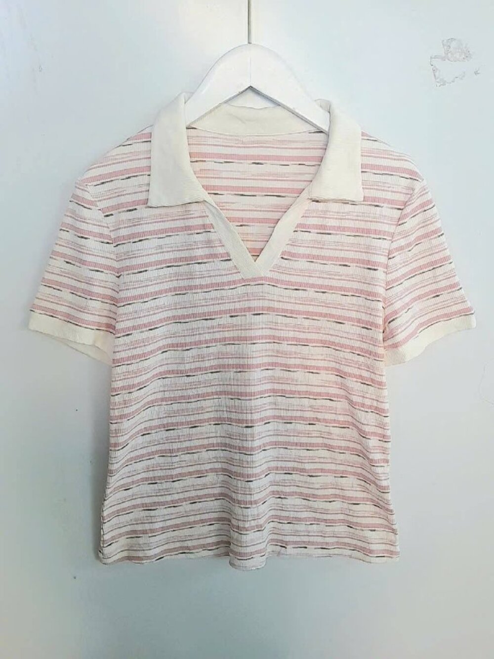 Pink Cream Striped Textured Knit Polo Top